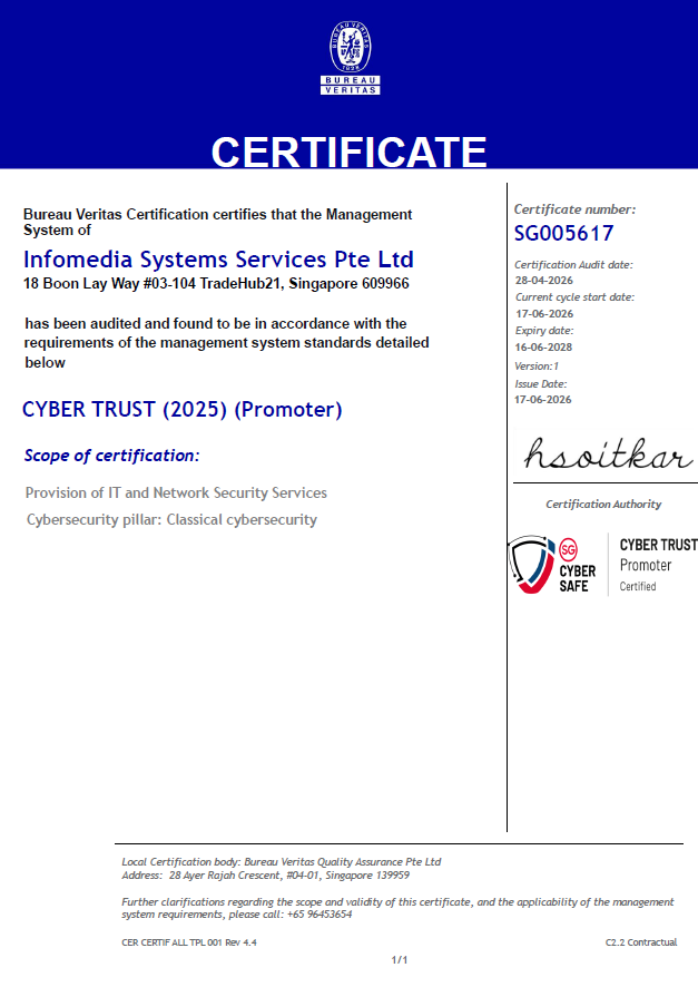 Bureau Veritas certificate SG005617 certifying Infomedia Systems Services Pte Ltd under Cyber Trust (2025), Promoter tier, valid until 16 June 2028